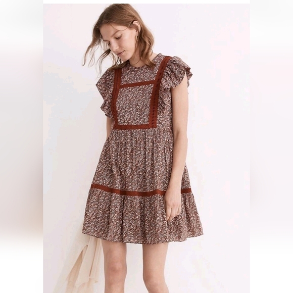 madewell garden party dress Madewell Flutter Sleeve Brown Floral Mini Dress In Cottage Garden‎